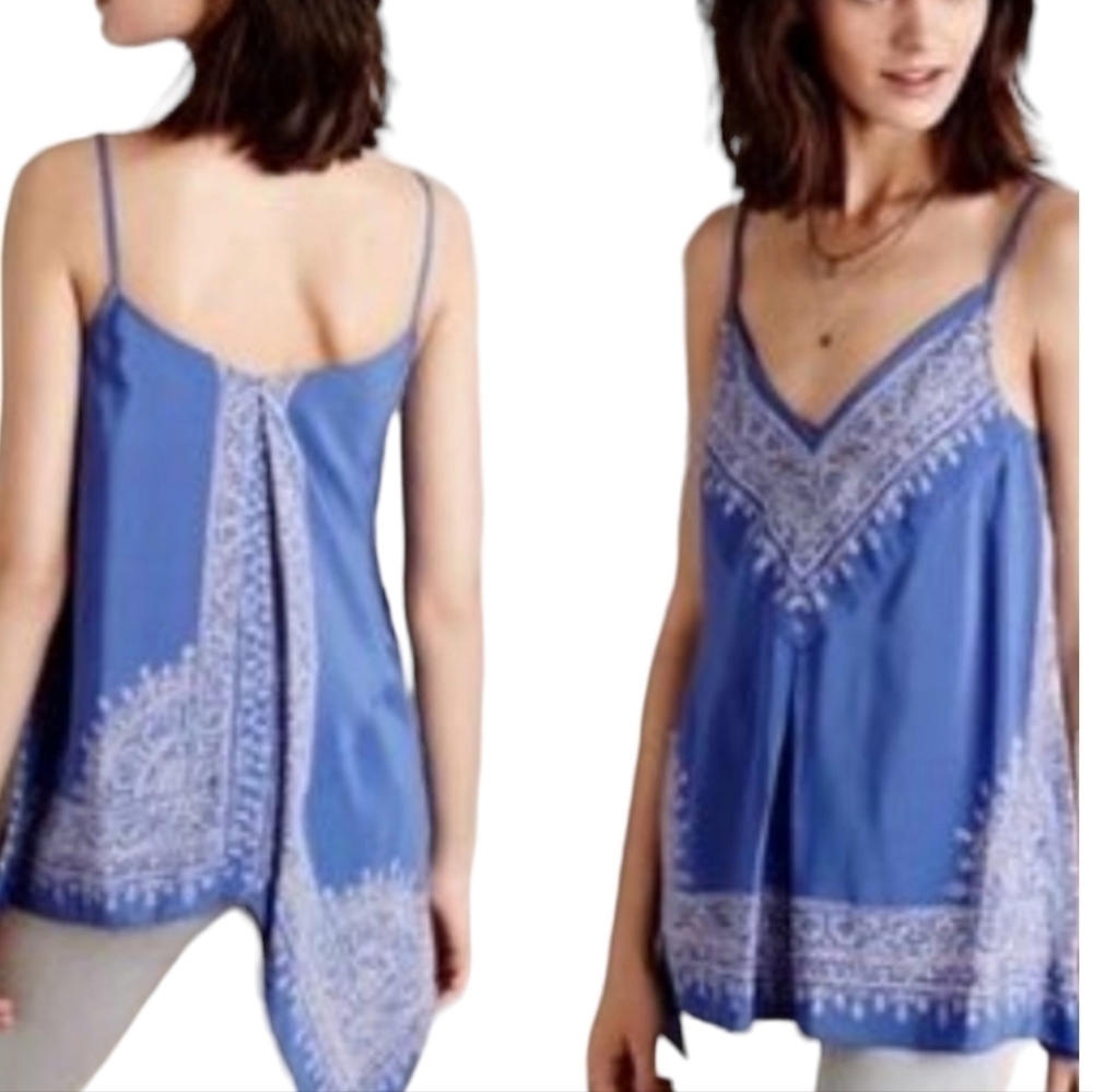 Anthropologie HD Paris Silk Blue & Cream Asymmetrical Handkerchief Top - Size 4 - Picture 2 of 9